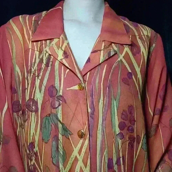 Vintage 90s  orange autumn leaves flowy button-up shirt - Picture 8 of 16